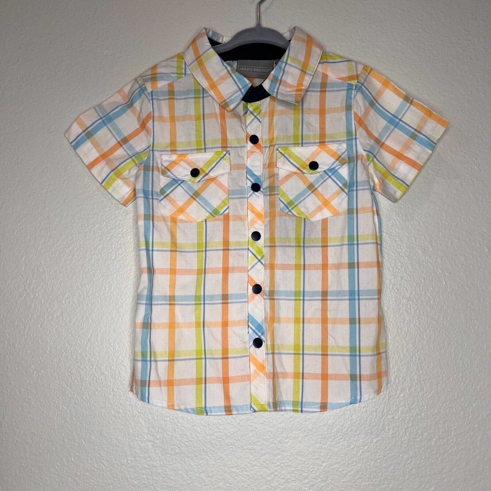 Boys Jarvis Archer Toddler Dress Shirt Plaid Blue Orange Green NWT Size 5